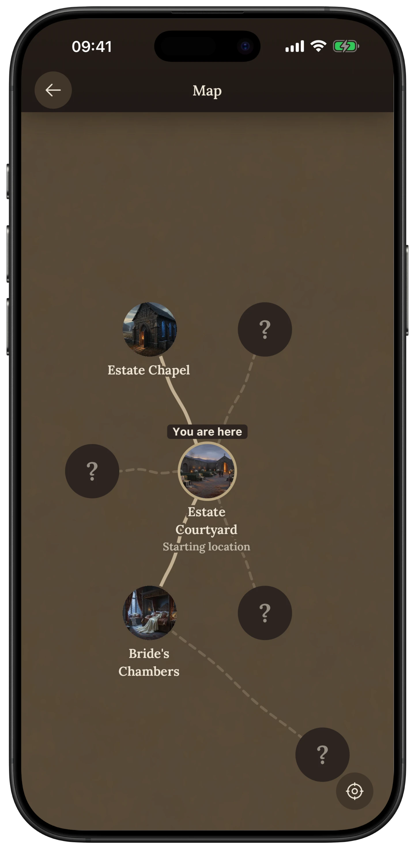 The campaign map with explored and unexplored locations