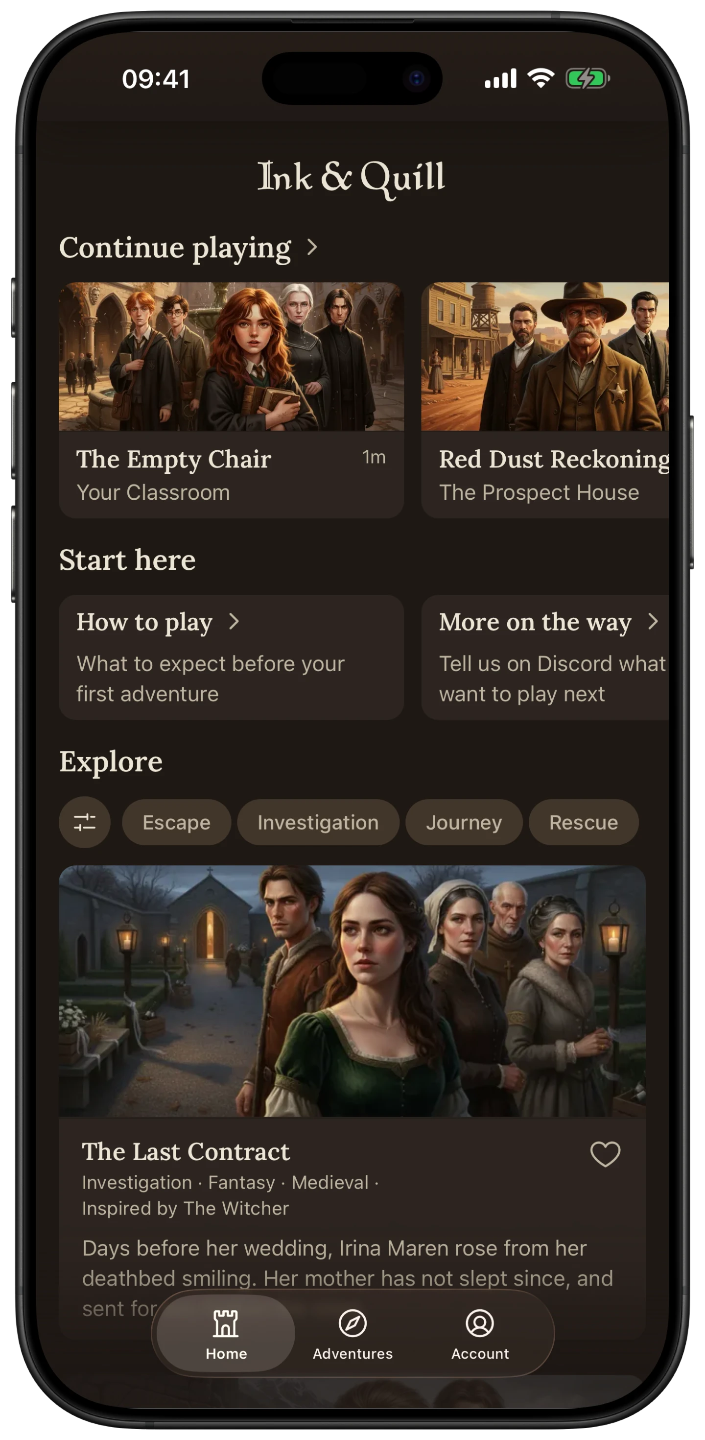 Ink & Quill home screen with campaigns to explore